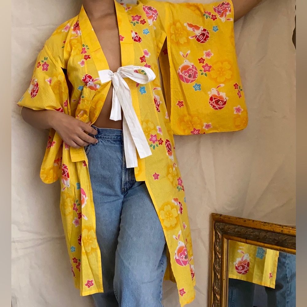 Yellow Linen Bunnies and Glass Eggs Kimono